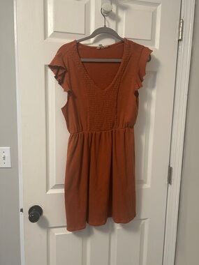 Rust Orange Flutter Sleeve V-Neck Women's Dress